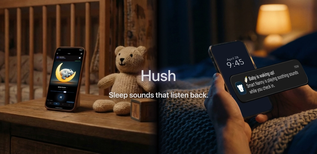 Hush app — AI baby sleep monitor: nursery scene with cry detection alert on parent's phone